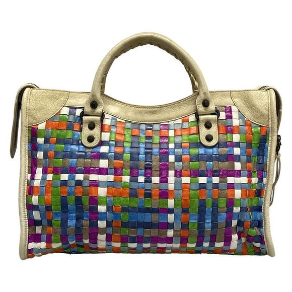 Balenciaga Handbag The City 115748 Ivory X Blue X Multi Braided Leather - Picture 3 of 15